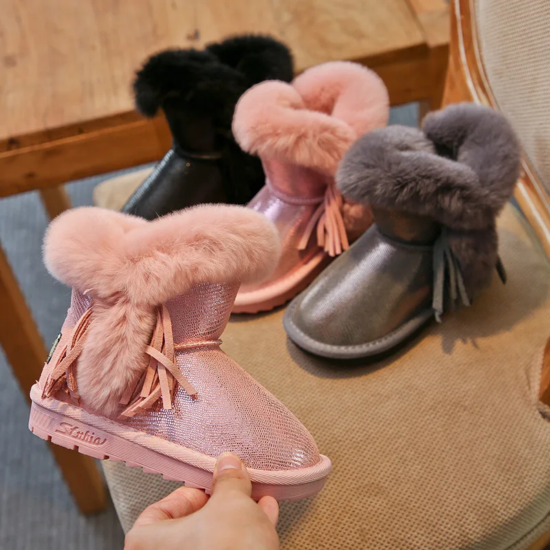 

Children Snow Boots Leather 2018 Winter New Rabbit Cotton Shoes Flocking Fashion Warm Cute Toddler Baby Girl Boots