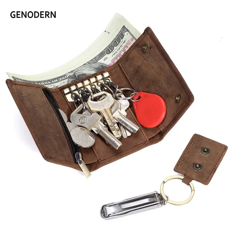 

Crazy Horse Leather Key Wallet with Detachable Car Key Ring Coin Pocket Genuine Leather Key Holder Housekeeper Organizer