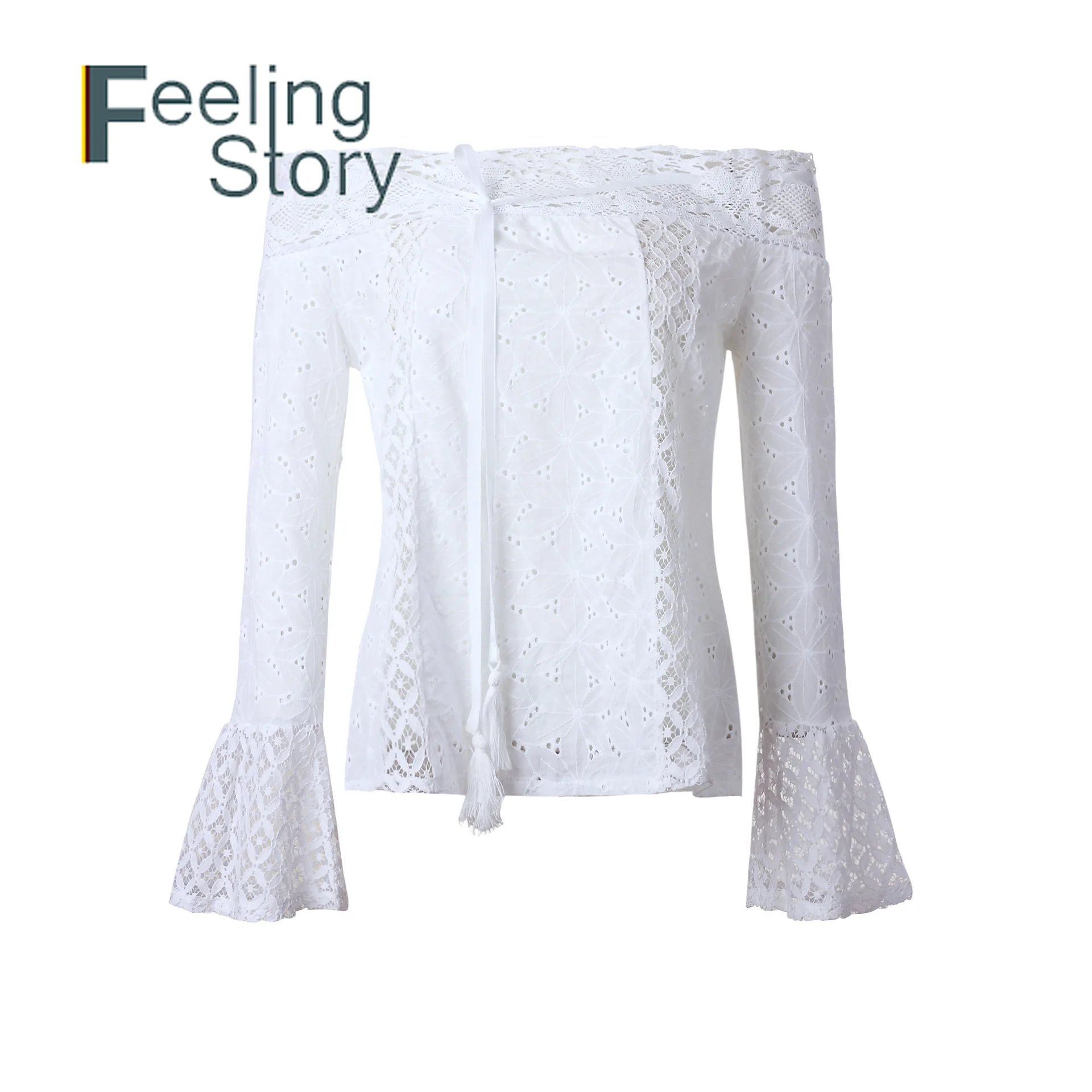 Boho Белый Кружевной топ Для женщин блузка 2019 Slash Neck Bell Sleeve шнуровке Топы пикантные