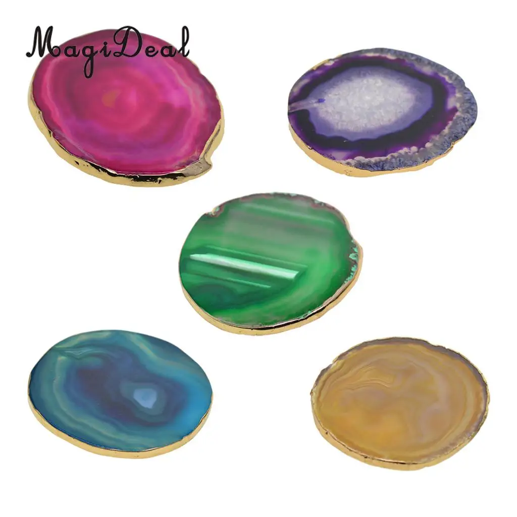 5 Colors Natural Agate Slices, Coasters, Cup Mats, Gold Edge, Crystals Geode Stones Home Decorations, 60-80mm
