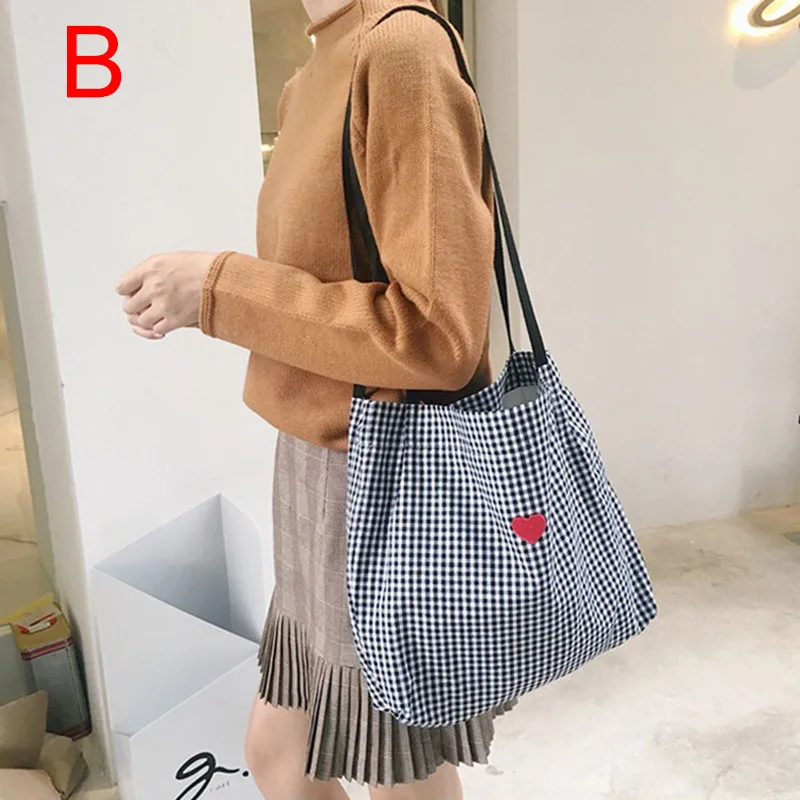 

Women Lady Casual Shoulder Bag Grid Stripe Handbag Heart/Deer Embroidery Shopping Canvas Bags MSJ99