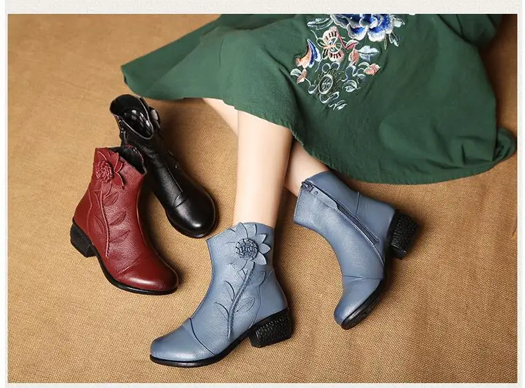 Женские ботинки изготовленные вручную женские винтажные ботинки из натуральной кожи на низком каблуке высококачественная обувь с круглым носком женская модная зимняя обувь