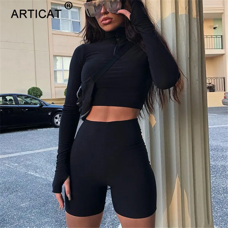 

Articat Autumn Black Sexy Long Sleeve Women Sportswear Elastic Long Sleeve Sexy Crop Tops Skinny Shorts Two Piece Set Tracksuit