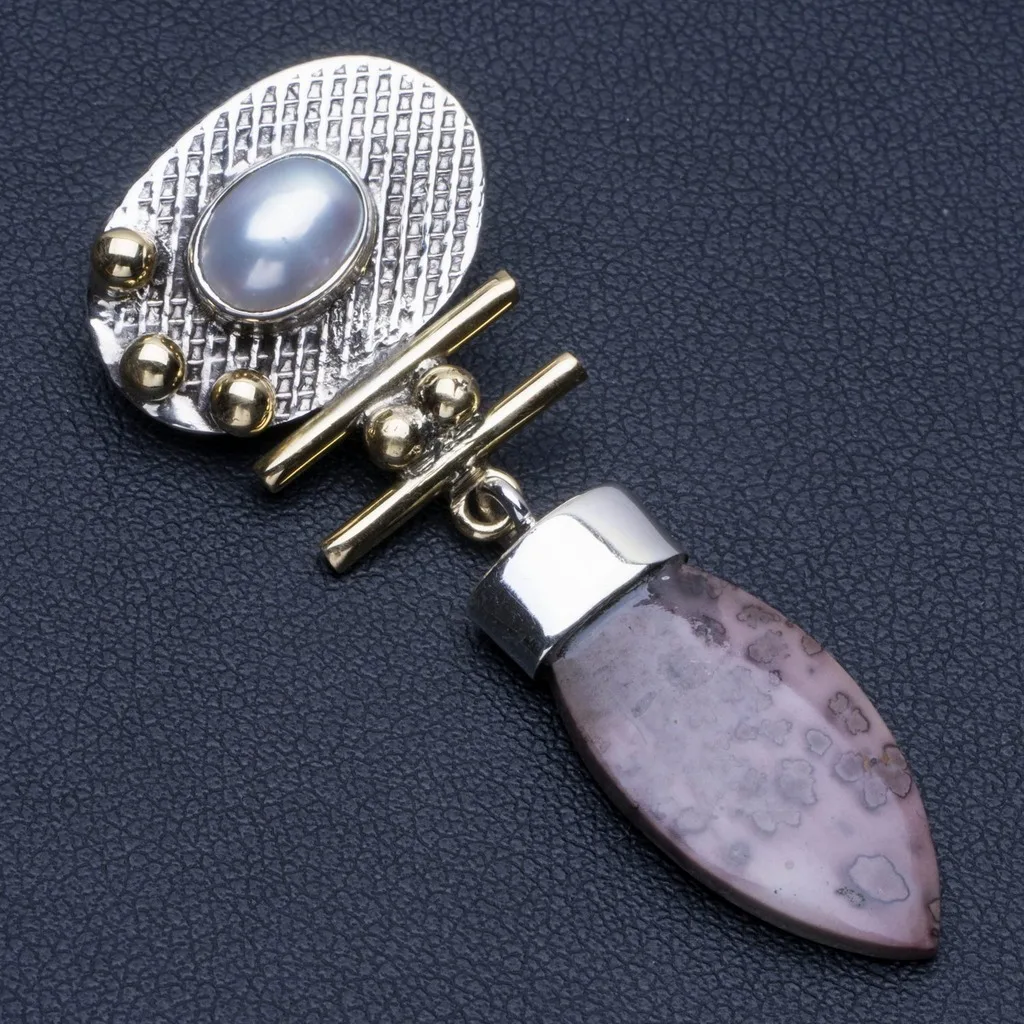 

Natural Two Tones River Pearl and Spot Jade Punk Style 925 Sterling Silver Pendant 2" R0128