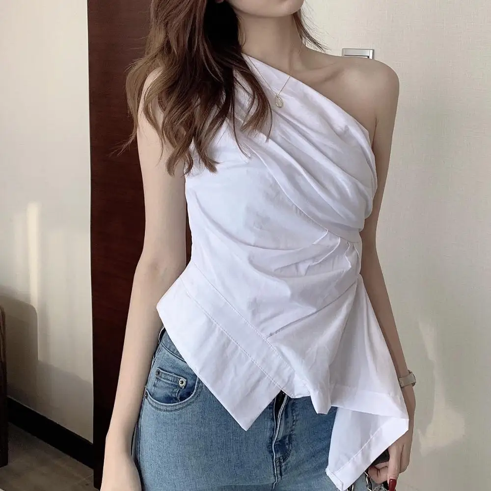 Skup RealShe 2019 koszulka żeńska kobiety ukośny kołnierz jedno ramię bez rękawów jednolite topy i bluzka kobieta lato koszula na co dzień odzież