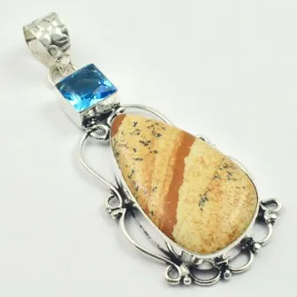 

Picture Jaspers & Blue Topas Pendant Silver Overlay over Copper, USA Size 70mm , P4643