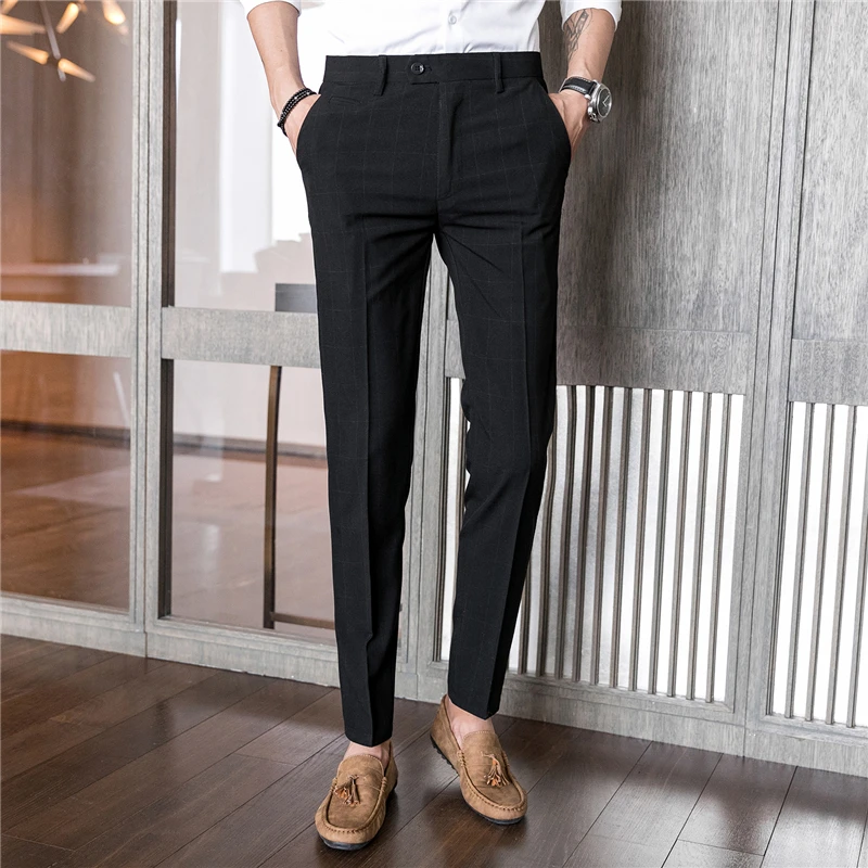 Spring and Autumn Mens Suit Trousers Asia Size 28 29 30 31 32 33 34 36 Dress Pants Men Black and Grey Plaid Leisure Pant