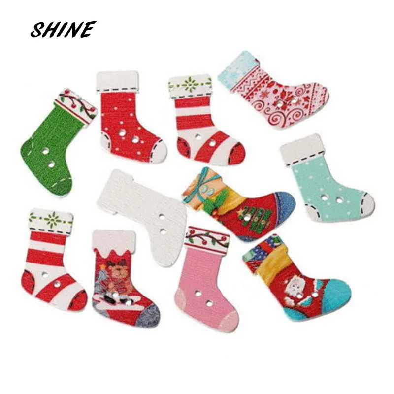 

SHINE Wooden Sewing Buttons Scrapbooking Christmas Stocking Mixed Two Holes Pattern 30 x 21mm 12PCs Costura Botones Decorate