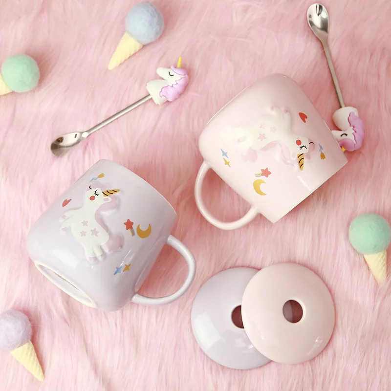 cheap Unicorn Mermaid Coffee Mug with Lid 3D Spoon Ceramic Water Tea Cup Gift for Women Girls Pink 400ml