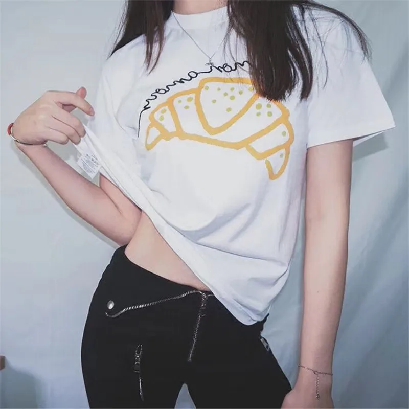

2018 INS Hot Runway Designer Luxury T-shirts for Women Croissant Pattern Print Harajuku Summer Top Tee Female White