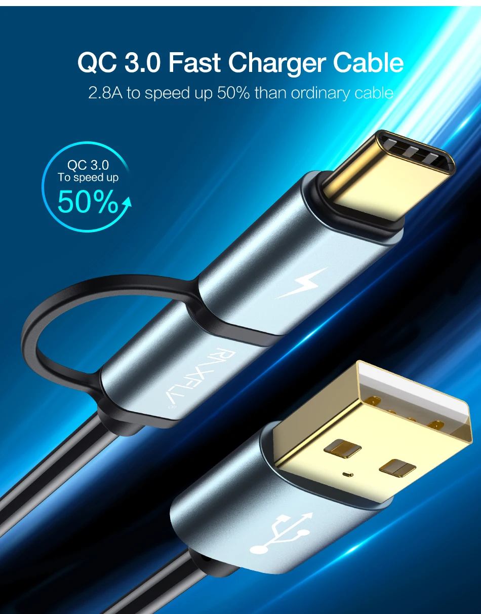 RAXFLY 2 в 1 USB кабель Quick Charge 3,0 Micro usb type-C кабель для samsung S9 Note 9 8 пружинный провод быстрой зарядки для huawei P20