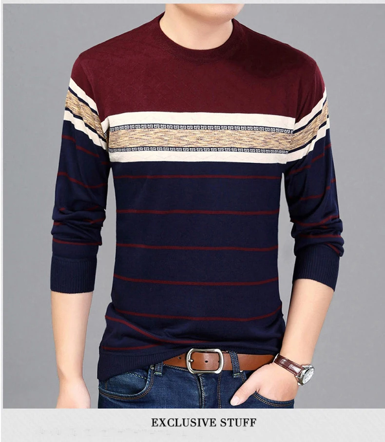 Thoshine бренд Демисезонный Стиль Для мужчин трикотажные тонкие свитера в полоску с круглым вырезом Длинные Повседневное шерсть пуловеры легкий мужской верхней одежды