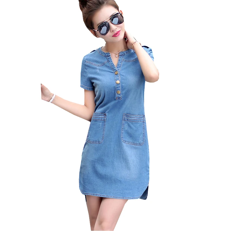 

Nice New Summer Style Plus Size A Line Denim Dress Women V-neck Short Sleeve Slim Casual Office Denim Jeans Dress Vestidos Robe