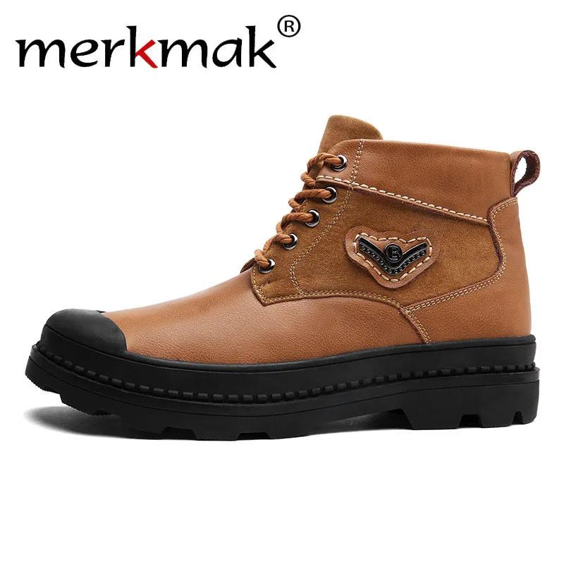 

Merkmak Genuine Leather Men Boots Winter Autumn Warm Ankle Boots Breathable Men Snow Boots Fur Plush Casual Men's Shoes Flat