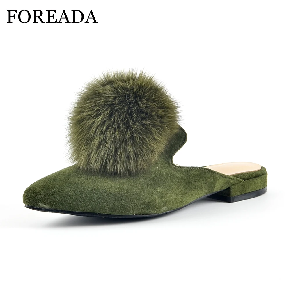 FOREADA Genuine Leather Mules Shoes Women Flats Real Rabbit Fur Slippers Pointed Toe Kid Suede Flat Slides Footwear Green | Обувь