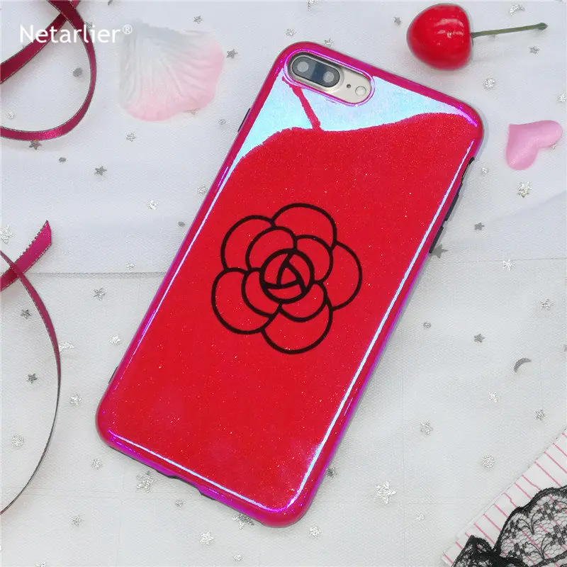 

Netarlier Luxury Camellia Case for iPhone 7 Plus Blue Light Hard Simple Semi-Wrapped Beautiful Camellia Solid Color Phone Case