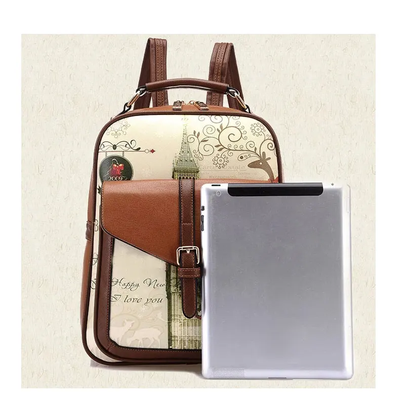 

Backpack Faux Leather Women Daily Zipper Vintage Multifunction Letter Flowers Sprinted Pattern Student School Bag