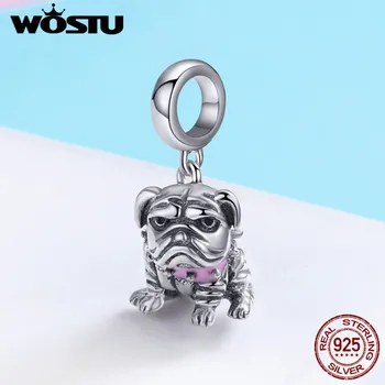 

WOSTU Genuine 925 Sterling Silver Pink Enamel Loyal 3D English Bulldog Pendant for Original Charm Bracelet S925 Jewelry BKC552