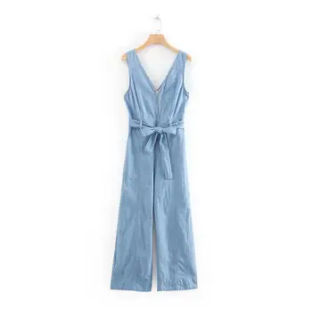

Solid Female V neck Sashes Sleeveless Conjoined Ankle-Length Pants 2019 Summer Women Denim Vest Jumpsuits