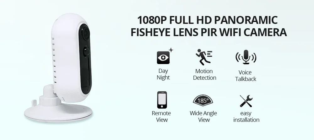 Домашняя Hd 1080P Wifi камера H.264 беспроводная PIR Обнаружение панорамного рыбьего глаза 180 ° горизонтальная панорама ночного видения P2P детские мониторы