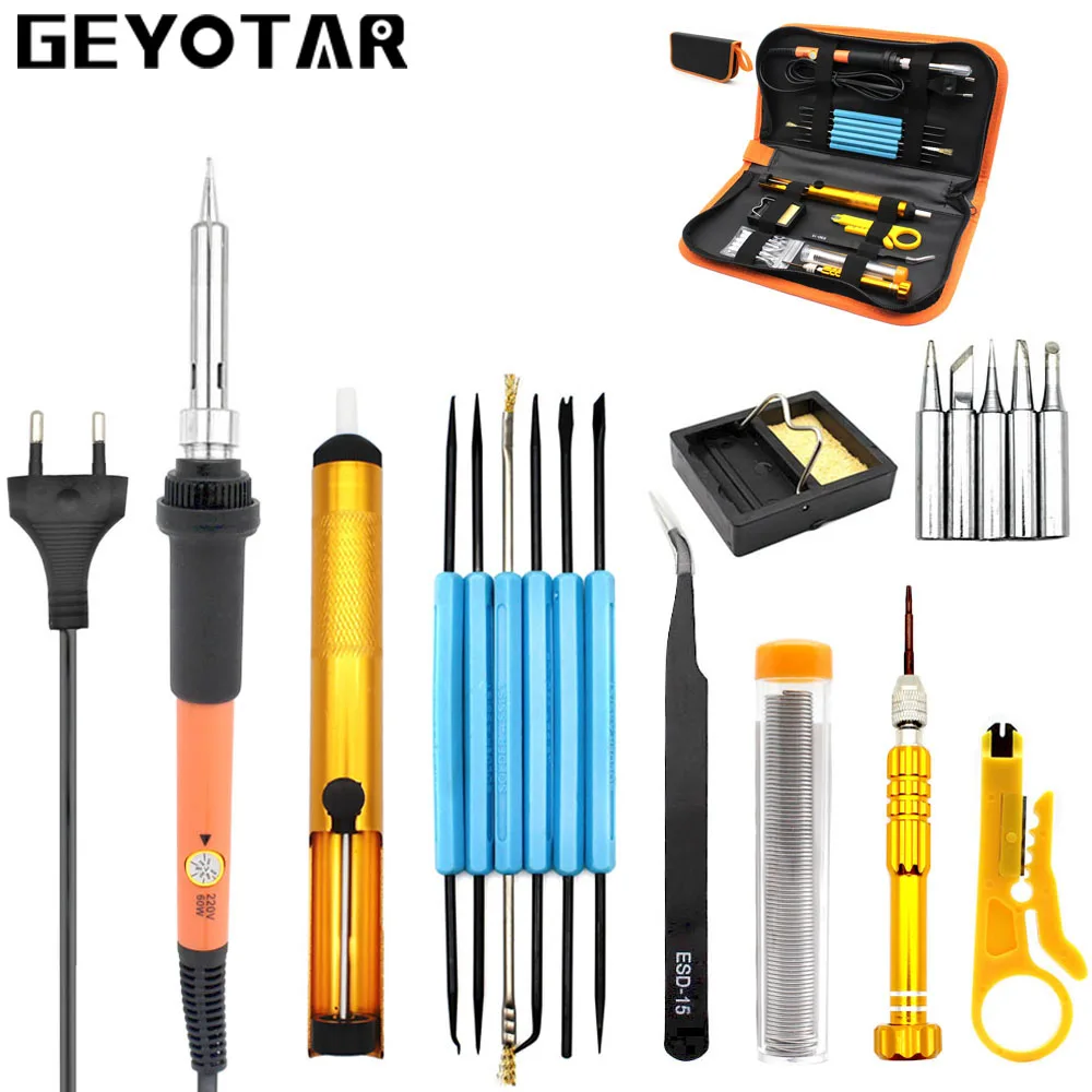 

Eu Plug 220v 60w Adjustable Temperature Electric Soldering Iron Kit+5pcs Tips Portable Welding Repair Tool screwdriver SolderTin