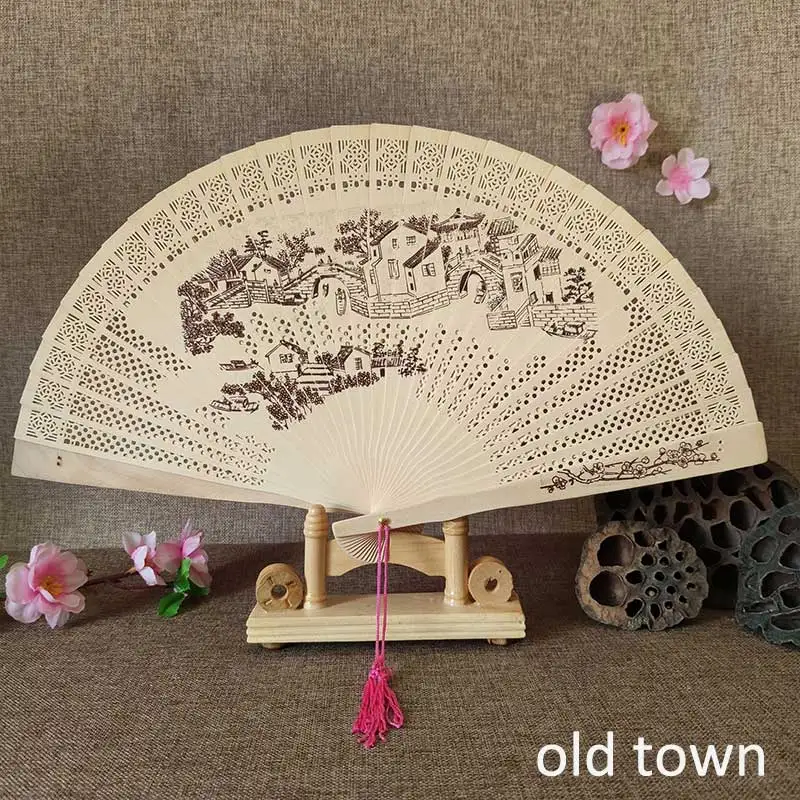 1Pcs Chinese wood carving printing Vintage antique craft fan Incense wood lady folding fan