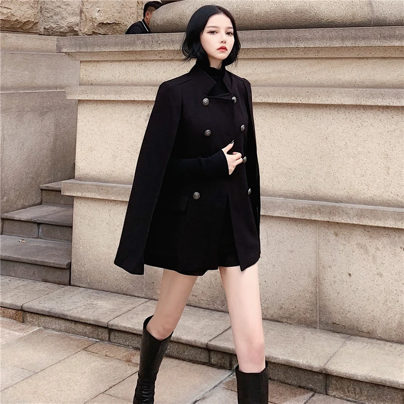 Женская Осенняя куртка двубортный плащ черное шерстяное пальто-жакет Свободный плащ модный плащ осень - Цвет: black