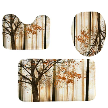

4Pcs Home Bathroom Decor Set Bathroom Maple Pattern Toilet Seat Cover Bath Mat Set+ Waterproof Shower Curtain