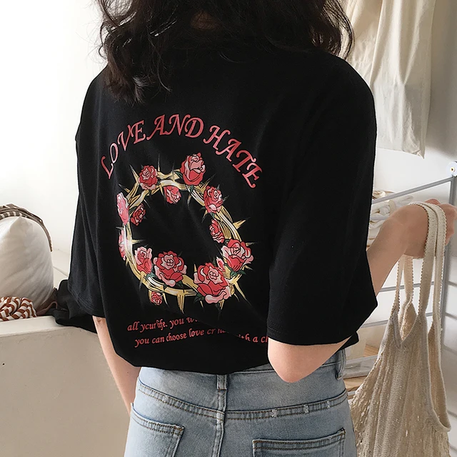 US $7.11 2017 Halajuku Summer New Rose Letter Printed Fashion Loose Casual Short Sleeve Female T-shirts