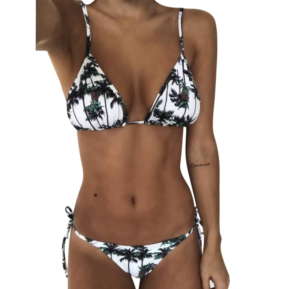 

Women's three-point coconut tree print strap bikini swimsuits NEW 2019 Summer Low Waist micro Bikini Sets Swimwear Beach Suit #6