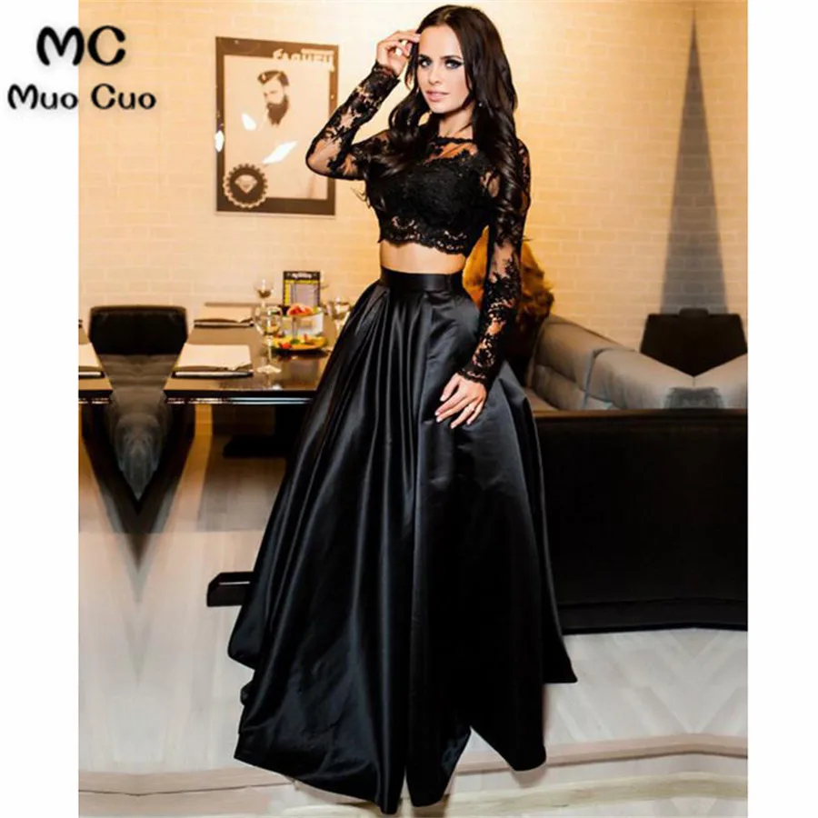 Black Lace Crop Top Satin Floor Length Prom Dresses Two Piece5