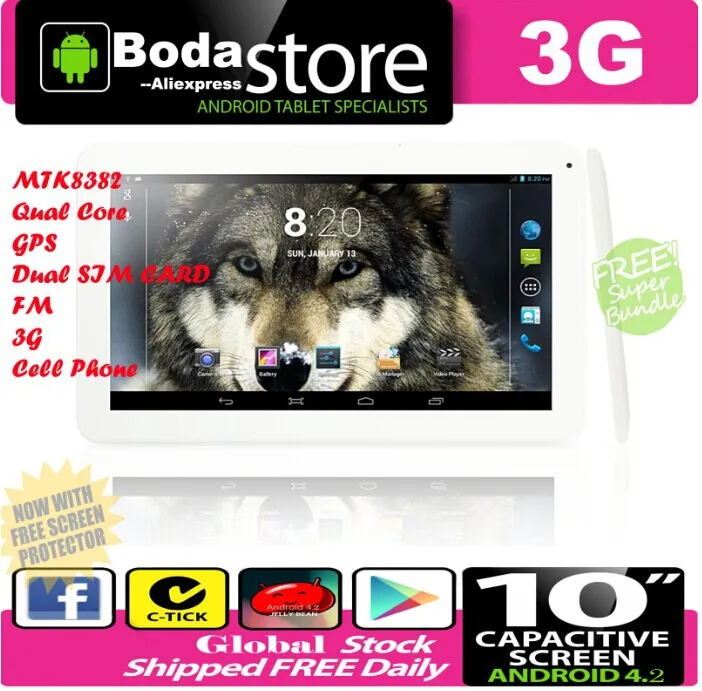 

Free Shipping Boda tablets pc 10.1" IPS 8GB Quad Core Android 4.2 Phone Tablet PC Bluetooth GPS 2G/3G Dual-SIM Champagne