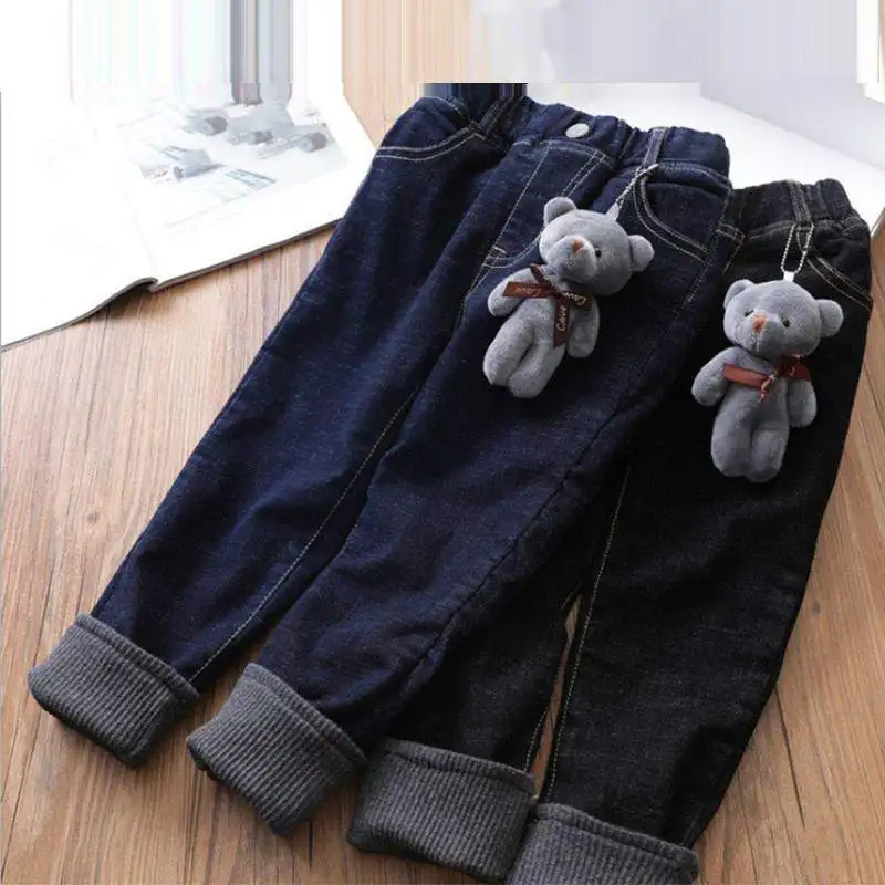 Зимние Детские утепленные флисовые джинсы для девочек, штаны для новорожденных девочек эластичный пояс, Джинсовые леггинсы Детские Бархатные Теплые повседневные брюки Q64
