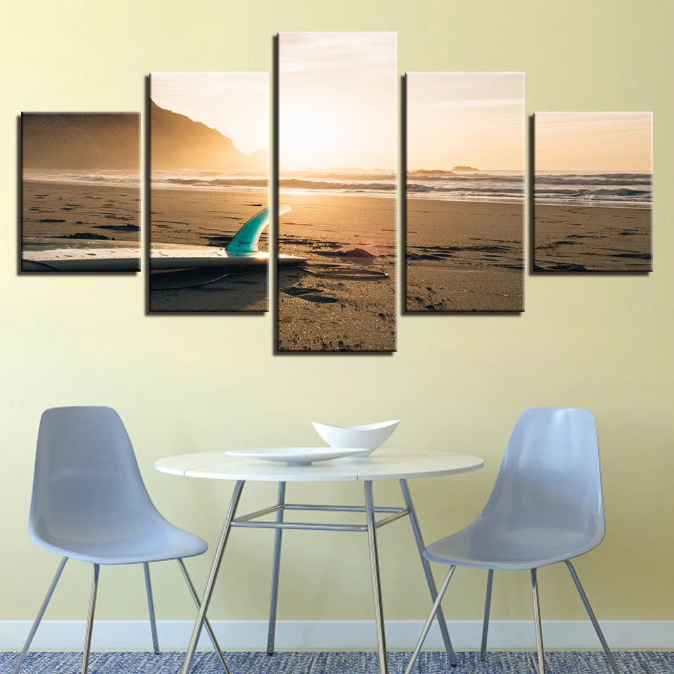 Canvas-Wall-Art-Pictures-Living-Room-Home-Decor-5-Pieces-Sunshine-Beach-Surf-Board-Seascape-Paintings