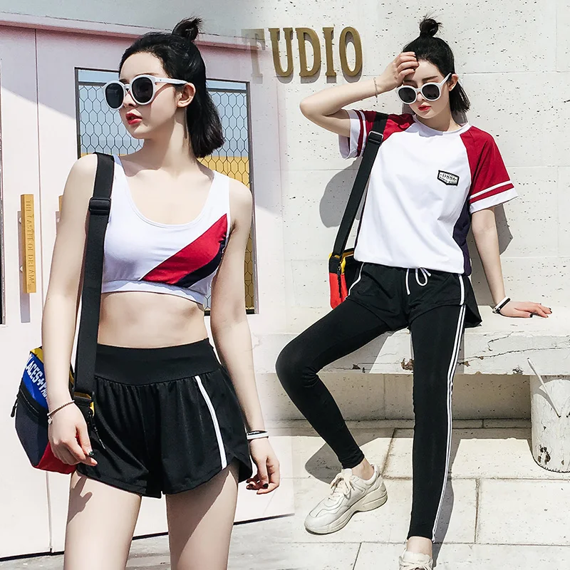 

LYSEACIA Summer Women Yoga Sets Four Piece Sport Suit Gym Breathable Clothes Female Jogging Fitness Legging Exercise Sports Bra