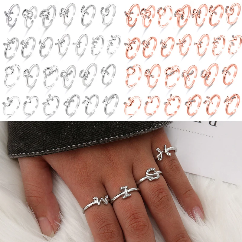 

Simple Letter Ring 26 English Alphabet Art Design Combination Micro-set Crystal for Couple Name Gift Valentine's Day Present