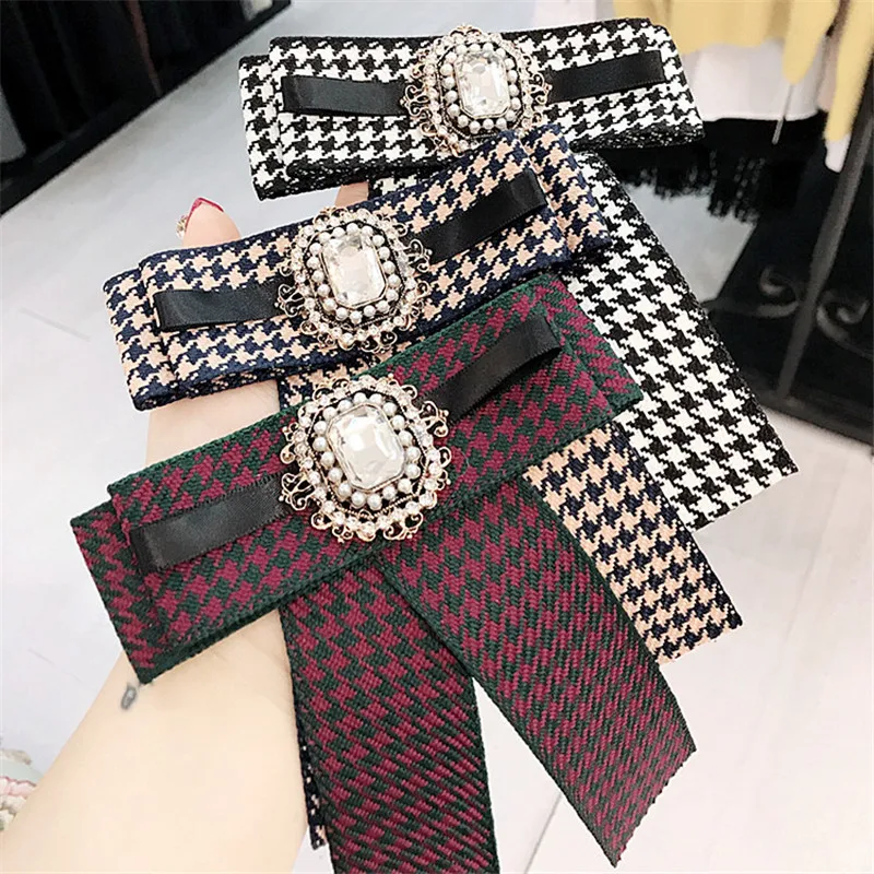 

Korea Handmade Plaid Academy Fabric Rhinestone Shirt Pin Neck Bow Tie Bowknot Apparel Accessories Fashion Jewelry-YHNLB014F
