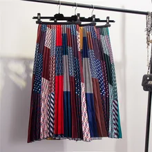 Плиссированные юбки женские Весна Осень Новая цветная печать Органическая плиссированная юбка девушки дамы Высокая талия атласная плиссированная юбка