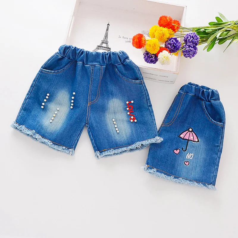

Cute Kids Girls Cotton Shorts Summer Cartoon Letter Print Short Denim Pants Trousers Kids Knee Length