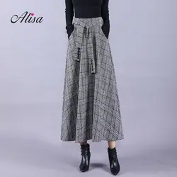 Модная клетчатая длинная юбка 2018 Новая осень зима Высокая талия трапециевидная юбка узор британский стиль женский сто вверх макси юбки