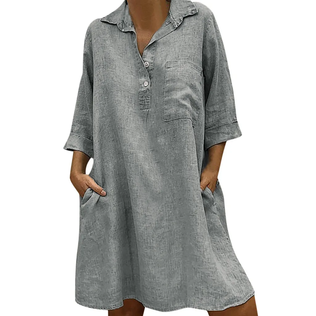 Женское однотонное платье из хлопка и льна с отложным воротником в стиле бохо, рукав 3/4, Повседневное платье на пуговицах с карманом