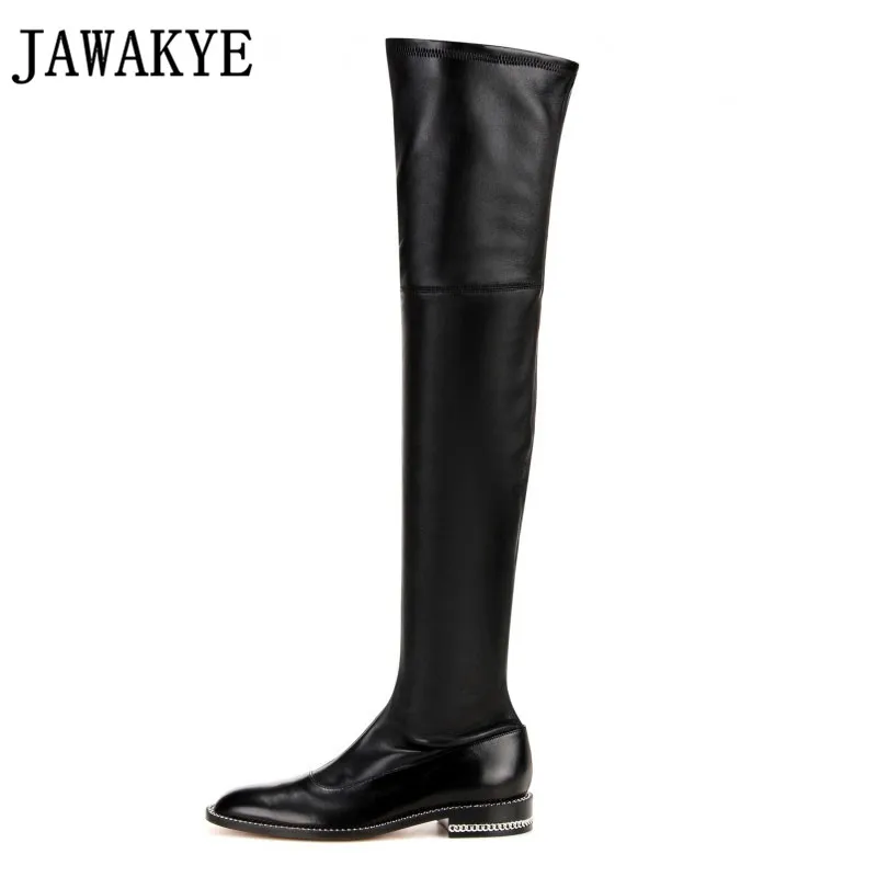 

2018 Runway Metal chain decor over the Knee Boots for Women stretch round toe knight high long boots for ladies booties mujer