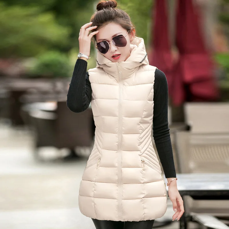 Women Winter Vest Waistcoat 2016 Women Long Vest Sleeveless Jacket Hooded Down Cotton Warm Vest Female Outerwear Plus Size L-3XL