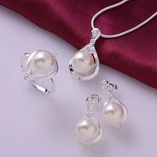 

Hot selling Fashion 925 Silver Crystal Jewelry Set and Imitation Pearl Ring Earrings Necklace Sets of Women's Jewelry AS523