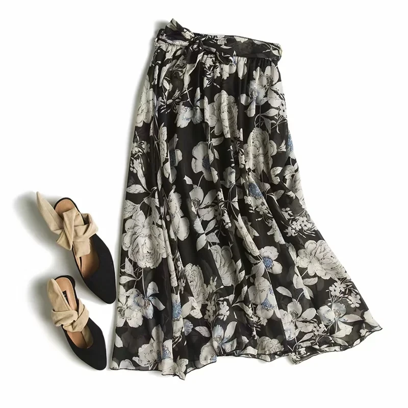 

Vintage rose flowers print bow belt chiffon skirt female S27338