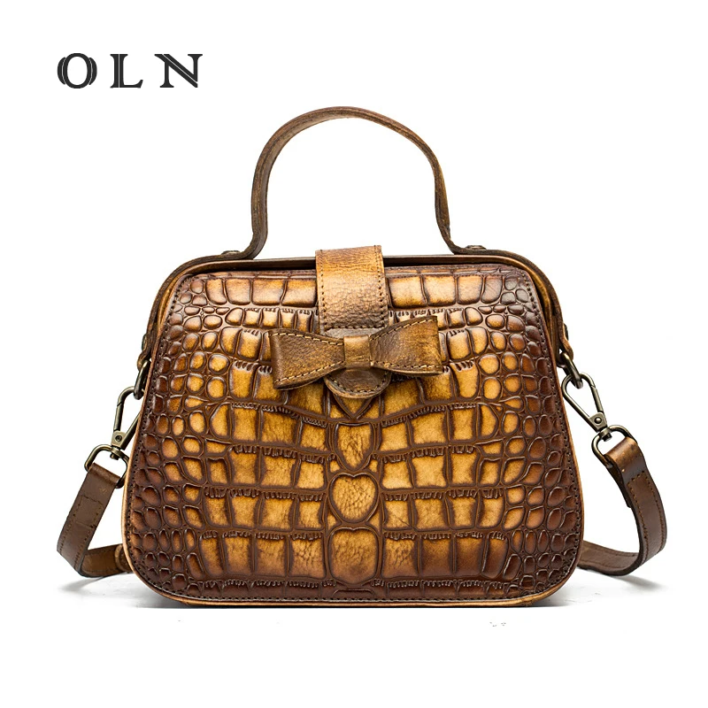 

OLN 2018 New fashion crocodile pattern lady handbag real leather bag European and American style diagonal suitcase-shaped bag