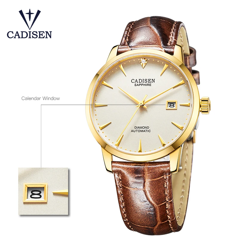 CADISEN التلقائي الميكانيكية الرجال ووتش ساعات الفولاذ تاريخ ميوتا 9015 دوبلكس الياقوت حزام من الجلد للماء ووتش