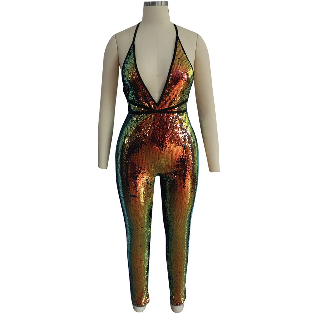 Colorful Sequined Jumpsuits Sexy Deep V-Neck Sleeveless Jumpsuits Women Backless Bandage Club Party Bodysuit Overalls
