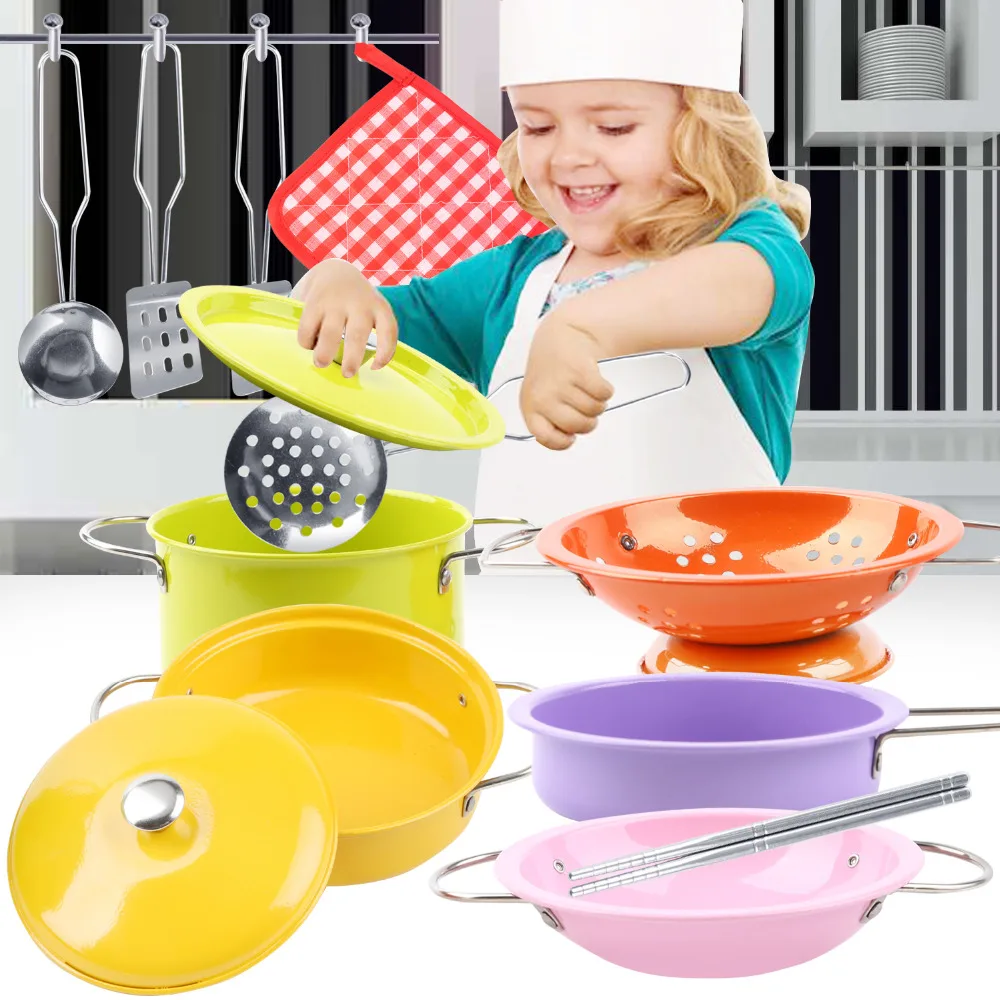 

13 Pcs Colorful Metal Kitchen Toys Cookware Pot Pan Kids Pretend Play Cook Toy Set Simulation Kitchen Utensils Toys for Children