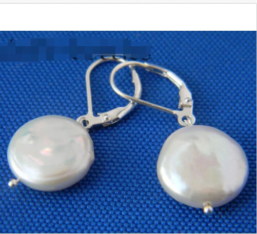 

00 FREE SHIPPING d14mm White Coin Freshwater Pearl Dangle Silver Earring